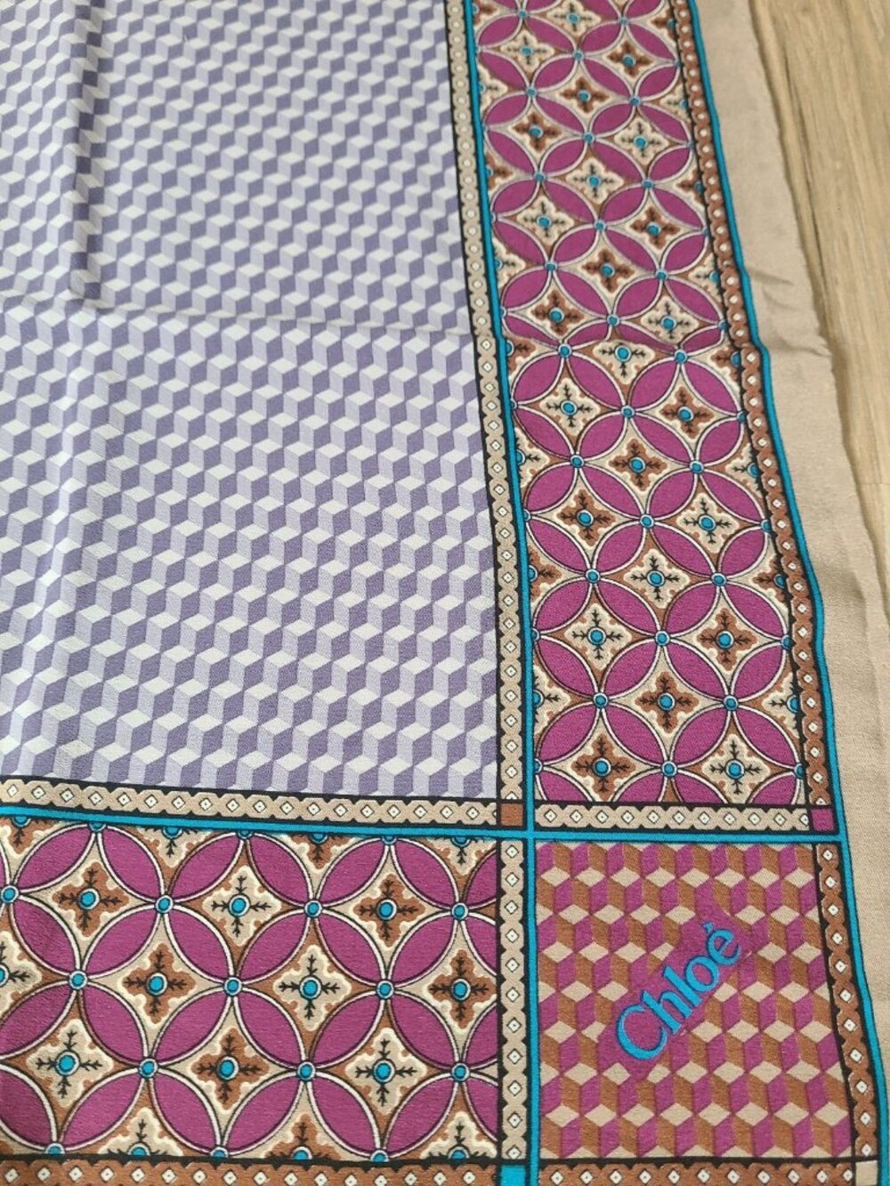 Chloé Hand Rolled Geometric Silk Scarf 33" Square Purple Pink